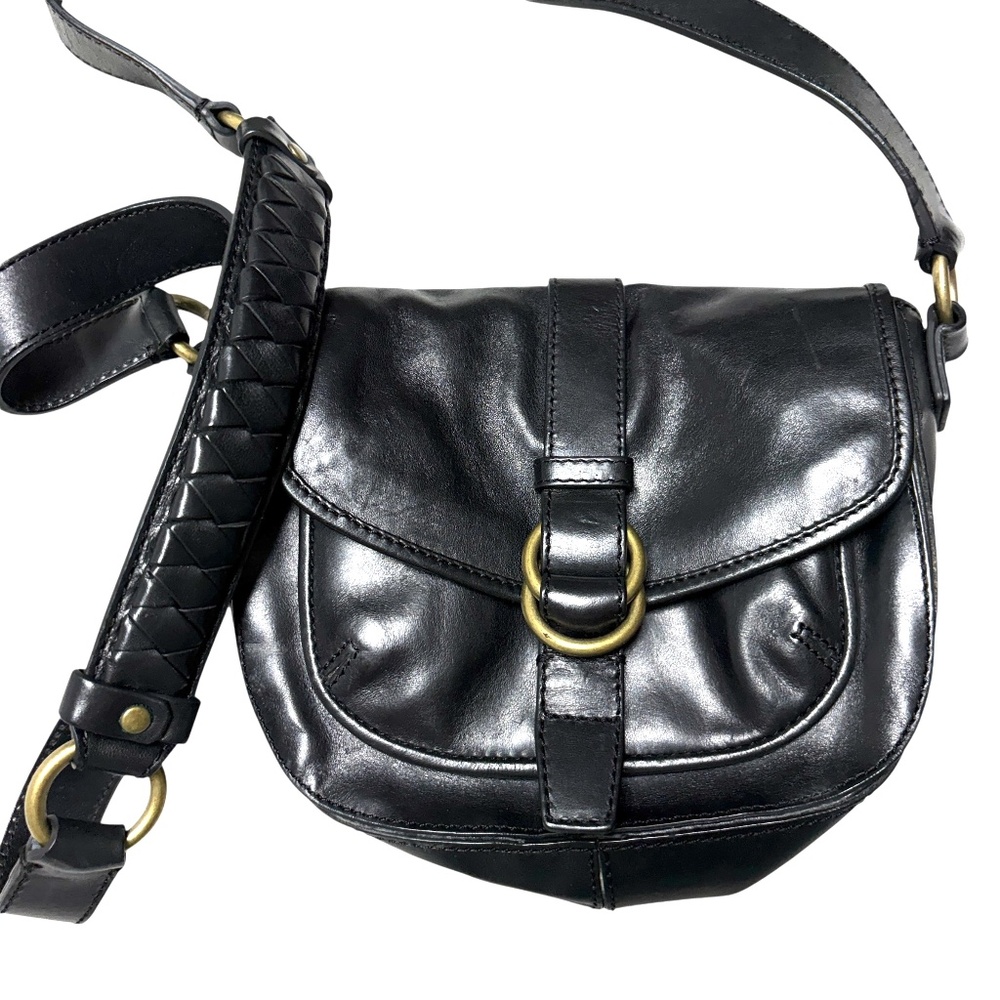 bag COLE HAAN black leather NWOT saddlebag brass accent woven strap gift worthy